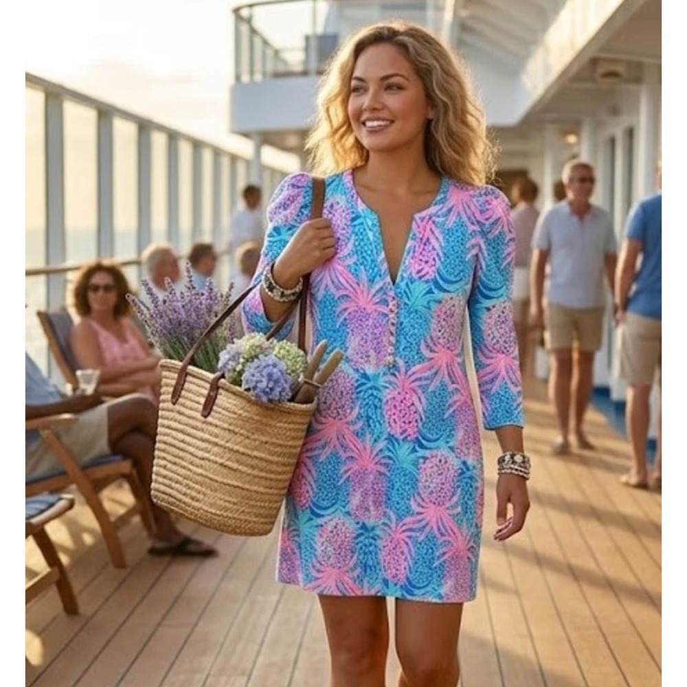 Lilly Pulitzer Marlie Dress Tropic Down Low Medium 009458 Pink Blue Pineapple C4